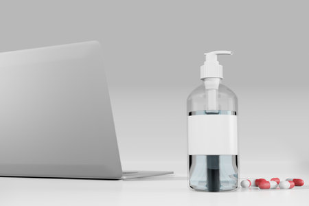 Alcohol gel with covid19 medicine pill on white background with silver laptop: covid19 virus pandemic conceptの写真素材