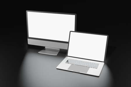 3d rendering illustration of laptop computer with screen monitor mockup. office work equipment stuff