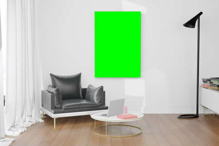 3d rendering illustration of frame poster frame mockup in modern interior background, living room or...