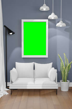 3d rendering illustration of frame poster frame mockup in modern interior background, living room or...