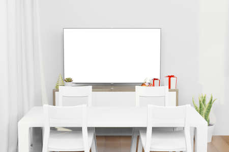3d rendering illustration of LCD TV screen mockup in modern interior background in christmas new year themeの写真素材
