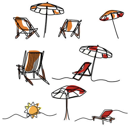 set of summer beach chair and umbrella object in one line continuous illustration drawingのイラスト素材