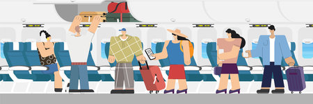 people passenger boarding airplane to sitting on chairs in plane cabin during air flight. Side view of people boarding traveling by aircraft.aeroplane interior backgroundのイラスト素材