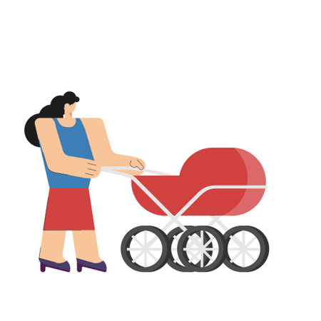 cartoon character woman with baby cart baby stroller waiting queue up for boarding airplane or check...
