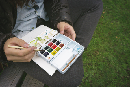 Painting color box with brushの写真素材