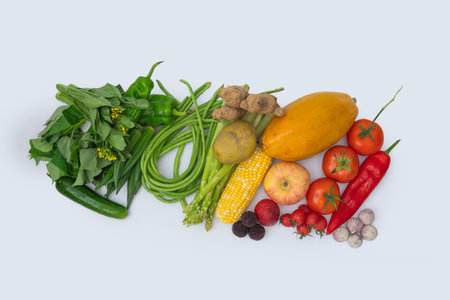 Fresh fruits and vegetables with white backgroundの写真素材