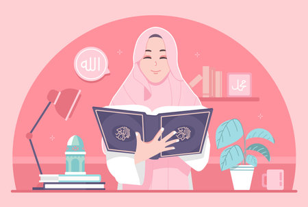 Islamic girl reading Quran in the month of ramadanのイラスト素材