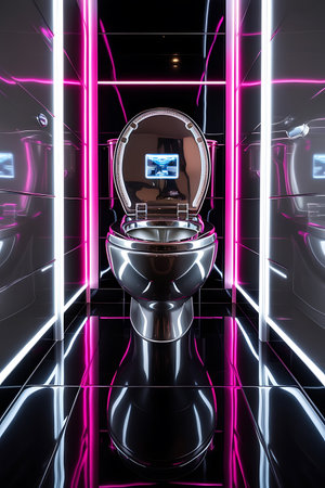 Modern sci-fi bathroom with futuristic toilet bowl, neon lightsの素材