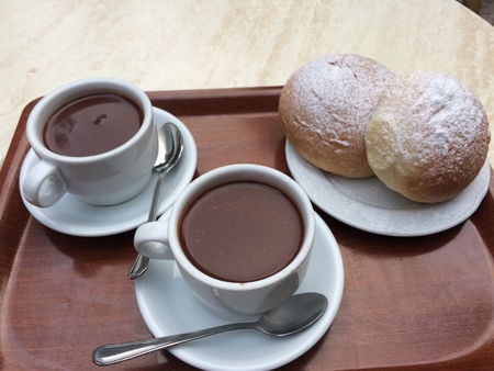 two hot chocolate with sweet breadの写真素材