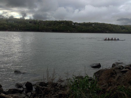 River view during bad weather with gray cloudsの写真素材