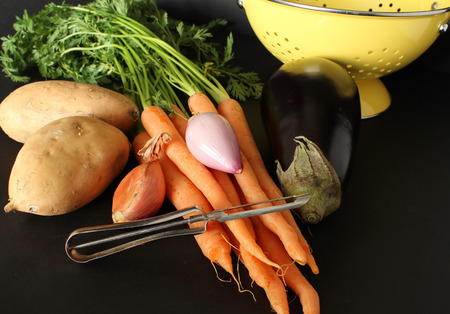 Garden vegetables isolated on black backgroundの写真素材