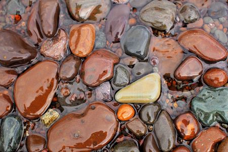 Colorful wet rocks at the shoreline of Lake Superior.の写真素材