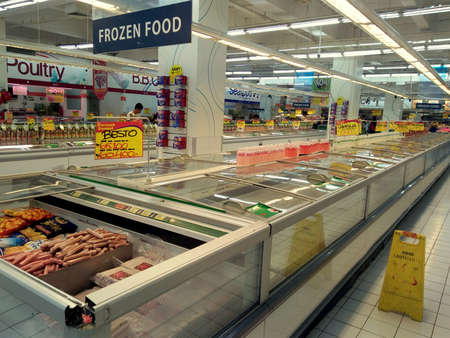 Manado, Indonesia - June 28th, 2018; The atmosphere of frozen food area in the supermarket with no costumers.のeditorial素材