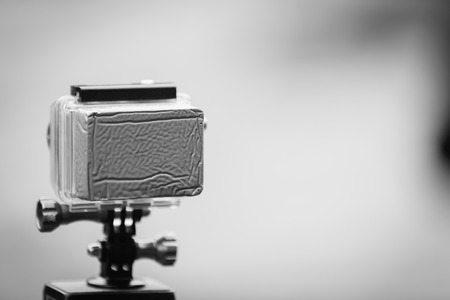 Go-Pro, sport camera in context, black and white.の写真素材