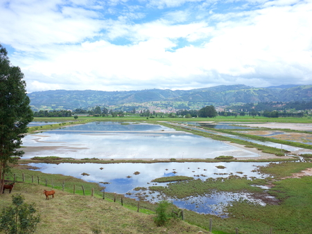 The small town of Paipa looking over the swamp land in Boyaca, Colombiaの写真素材