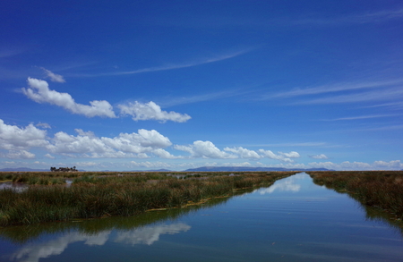 On the way to the Floating Islands on Lake Titicacaの写真素材