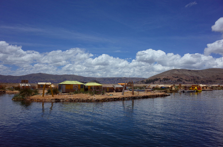 A village on the Floating Islands on Lake Titicacaの写真素材