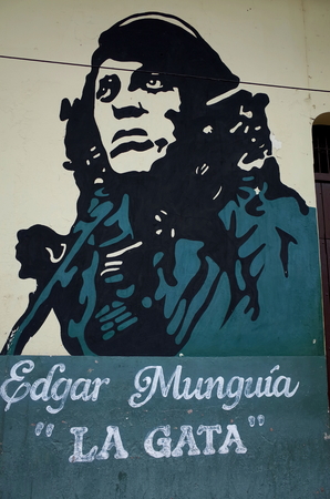 31ST AUGUST 2014, LEON, NICARAGUA - A Sandinista mural of Edgar Munguia in Leon showing the strong...