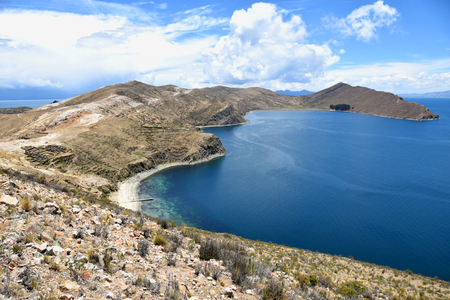 Stunning view of the Chincana Inca Ruins on the Isla del Sol on Lake Titicacaの写真素材