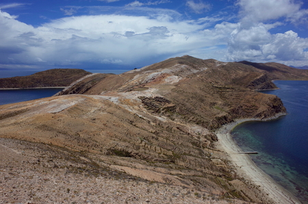 Stunning view of the Chincana Inca Ruins on the Isla del Sol on Lake Titicacaの写真素材