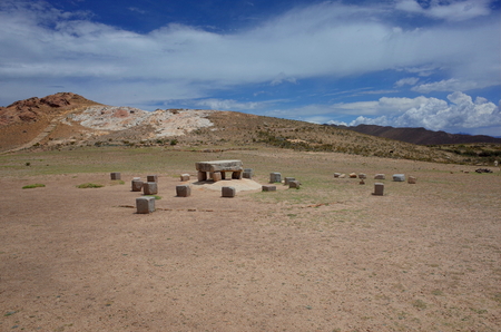The sacrificial altar at the Chincana Ruins on the Isla del Sol on Lake Titicacaの写真素材