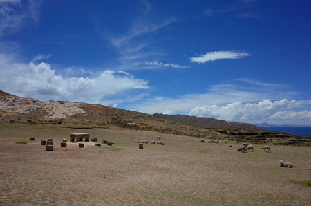 The sacrificial altar at the Chincana Ruins on the Isla del Sol on Lake Titicacaの写真素材