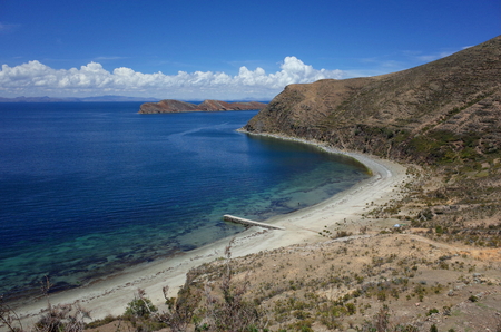 Breath taking view of a beach on the Isla Del Sol on Lake Titicacaの写真素材