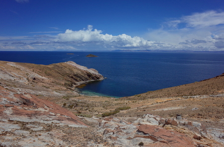 Breath taking view of Lake Titicaca as seen from the Isla del Solの写真素材