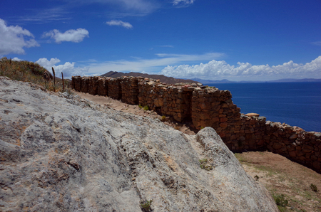 The Chincana Inca Ruins on the Isla del Sol on Lake Titicacaの写真素材
