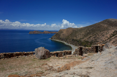 The Chincana Inca Ruins on the Isla del Sol on Lake Titicacaの写真素材