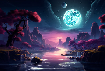 Fantasy landscape with a full moon in the sky. 3d renderingの素材