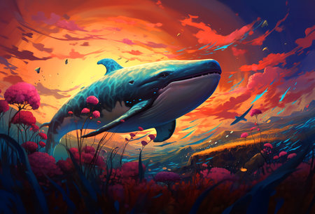 3D illustration of a whale in the sea at sunset time.の素材