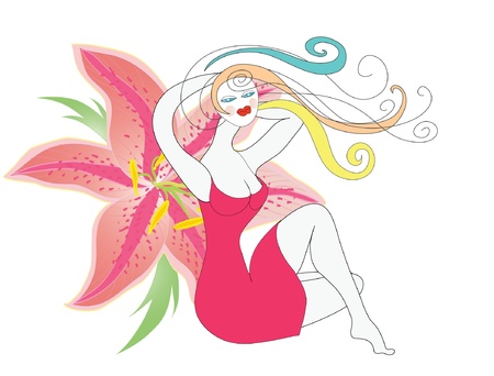 Big long hair sitting girl, woman on lily background.のイラスト素材