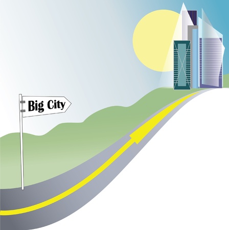 Road leading to big city, with arrow and sign. Copy space on right bottm corner.のイラスト素材
