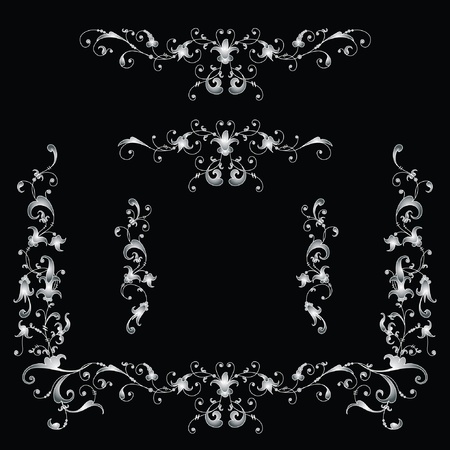 Vignettes, ancient style pattern. Silver, white on black.のイラスト素材