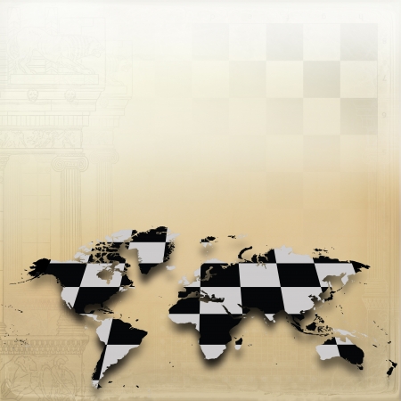 Wolrd map as a chess board and ancient greek temple の写真素材