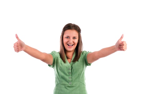 Happy smiling  young woman with thumbs up gesture, isolated on white backgroundの写真素材