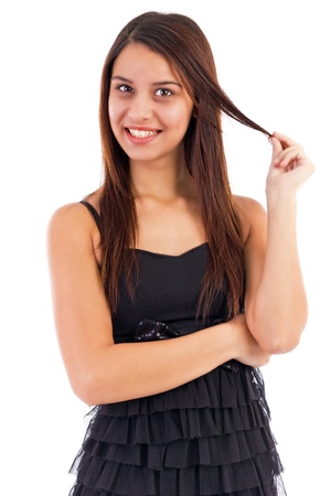 Close up portrait of a pretty young  lady smiling isolated on white backgroundの写真素材