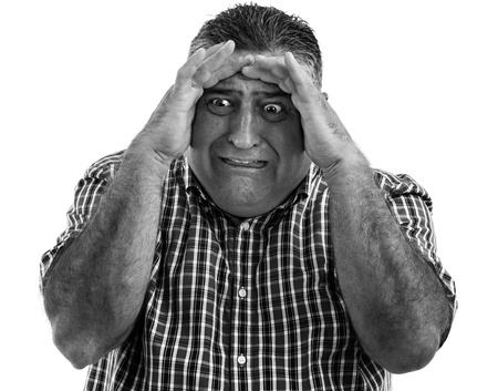 Monochrome portrait of a terrified man の写真素材