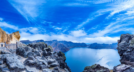In early autumn, the Tianchi Lake in Changbai Mountain presents the most beautiful sceneryの写真素材