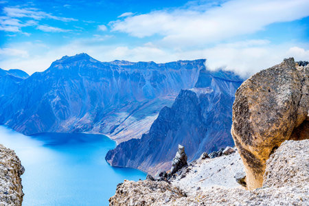 Mountains and blue lake in Cordillera Blanca, Peruの写真素材
