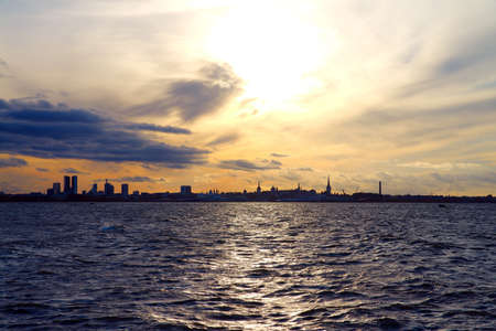 Sunset Tallinn cityscape on the shore of Baltic Sea, Estoniaの写真素材