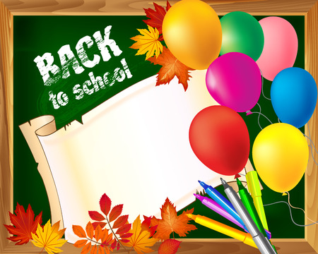back to school blackboard template with empty sheet of paper markers autumn leaves and colorful balloons 2. vector illustration. part of collection. good for your design!のイラスト素材