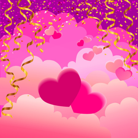 two hearts on pink background with clouds and golden serpentine ribbons and dust, vector illustration. greeting's Valentine's day cardのイラスト素材