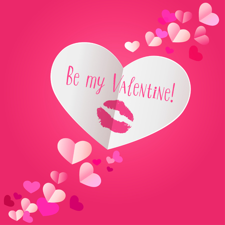 paper heart with lipstick kiss print on dark pink background. be my valentine. vector illustration. greeting's Valentine's day cardのイラスト素材