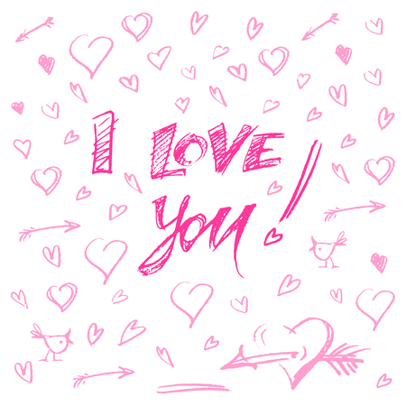 hand drawn different pink hearts and letters i love you vector illustration. big setのイラスト素材