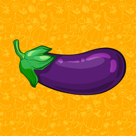 One ripe violet eggplant on color orange illustration, part of collection.のイラスト素材