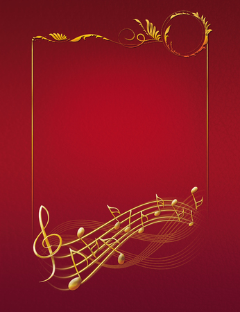 red musical background with gold frame notes and treble clef version raster illustrationの写真素材