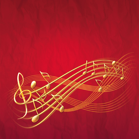 red square musical background with gold notes and treble clef fantasy notes raster illustrationの写真素材