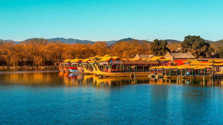 wooden boat at lake sceneryの写真素材